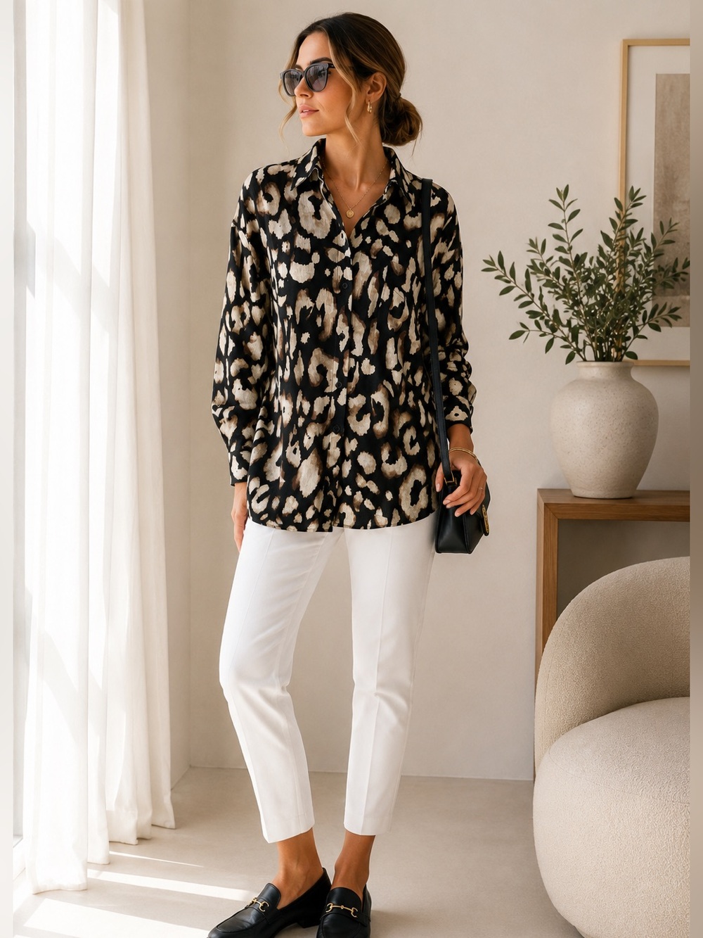 H&M Premium Linen Leopard Print Shirt XS Oversized NWT High Low Hem